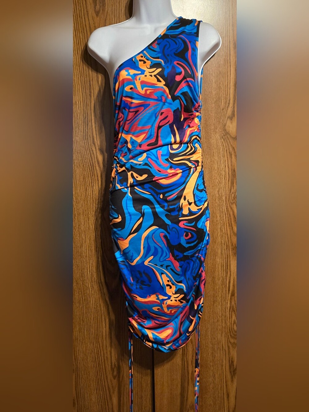 SHEIN One-Shoulder Asymmetrical Dress in Blue, Orange, Pink & Black